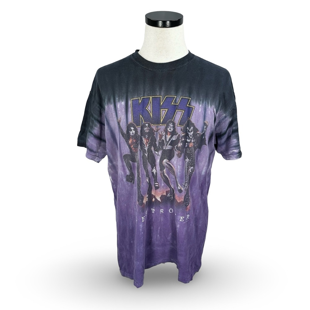Vintage Liquid Blue KISS Destroyer Tie Dye T-Shirt Mens Large Purple Black 2005